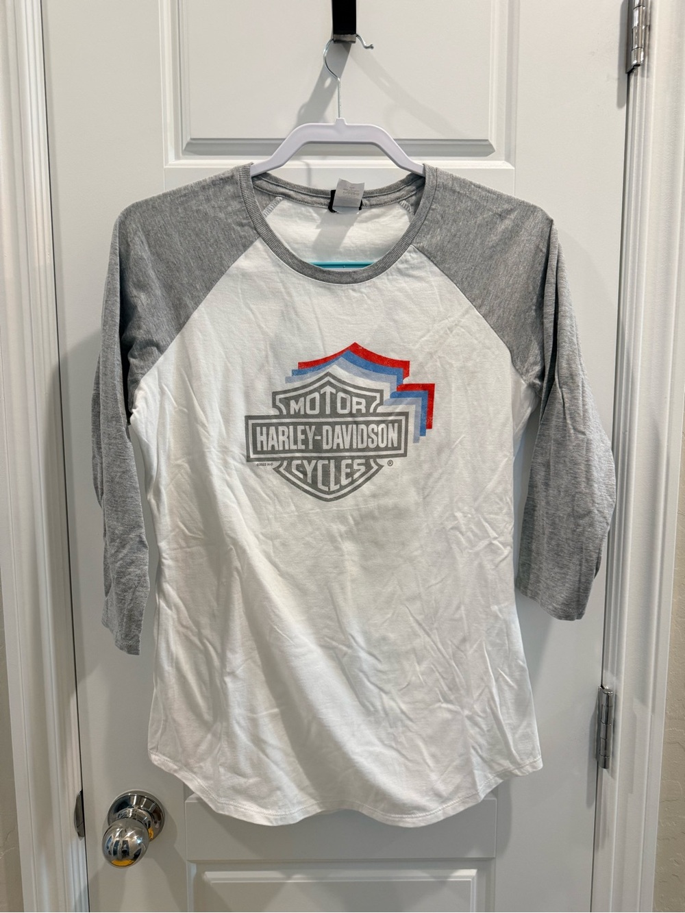 Harley-Davidson White and Gray Raglan Logo Tee with Red & Blue Accents